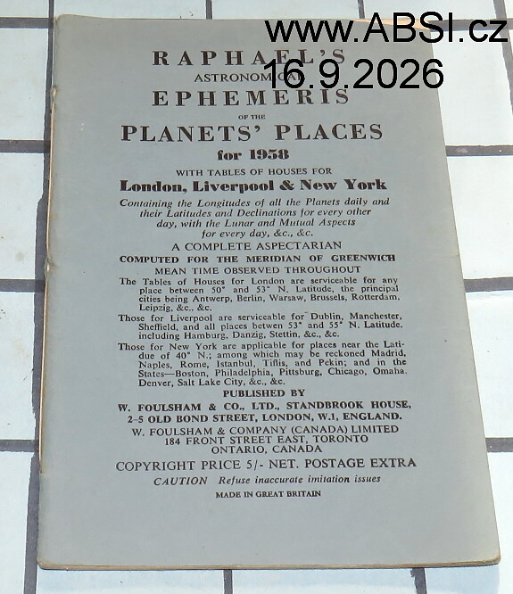 RAFAELOVI ARCHITEKTURA UMÍSTĚNÍ PLANET PRO ROK 1958 - RAPHAE´S ASTRONOMICAL EPHEMERIS PALANETS´PLACES FOR 1958