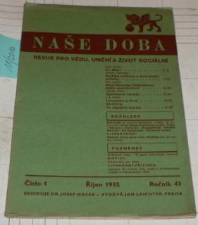 NAŠE DOBA - REVUE PRO VĚDU, UMĚNÍ A ŽIVOT SOCIÁLNÍ číslo 1, říjen 1935,ročník 43