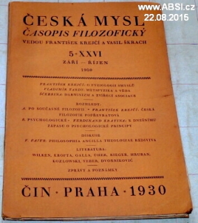 ČESKÁ MYSL - ČASOPIS FILOSOFICKÝ č. 5*XXVI/1930 ZÁŘÍ - ŘÍJEN